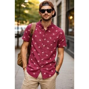 Ken LTD Button Down Cowboy Print Slim fit Short Sleeve Shirt Medium Burgundy